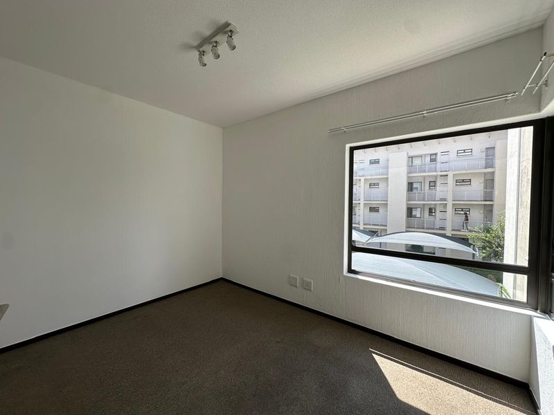 A vacant bedroom featuring neutral carpet flooring, track lighting, and a large window with an aluminium frame, offering a blank canvas for personalization.