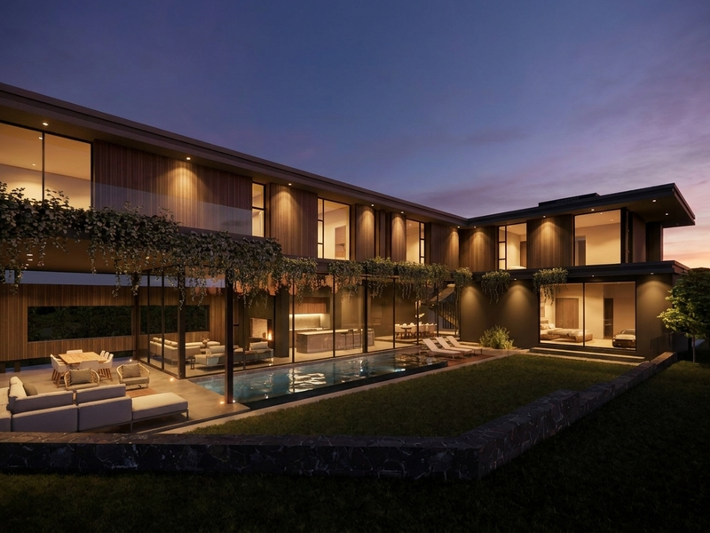 Modern luxury residence featuring a spacious covered patio, integrated swimming pool, and extensive glass facade overlooking a landscaped rear garden at dusk.