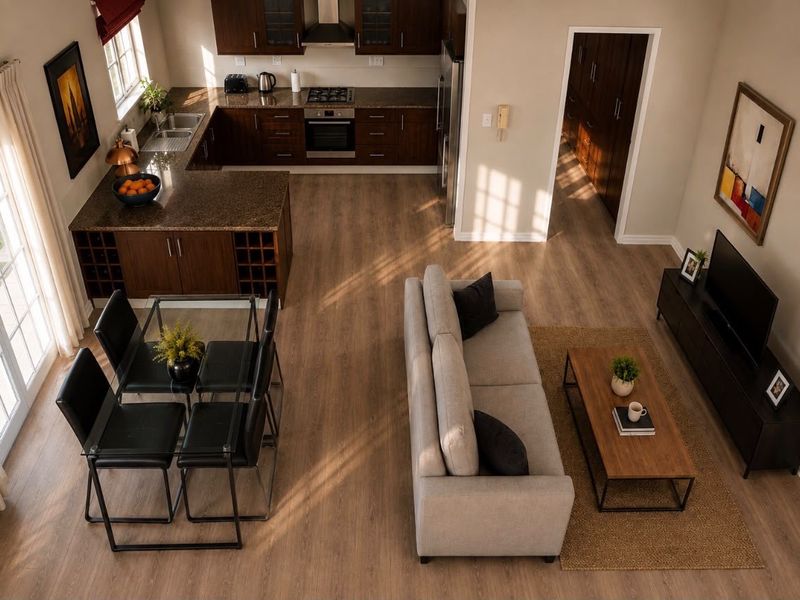 Spacious open-plan living area featuring a modern kitchen with dark wood cabinetry, granite countertops, and integrated appliances, flowing into a dining and lounge space.