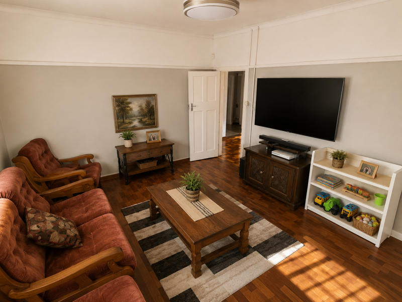 A comfortable living room featuring polished hardwood flooring, a classic picture rail, and neutral wall tones, providing a warm and inviting atmosphere.