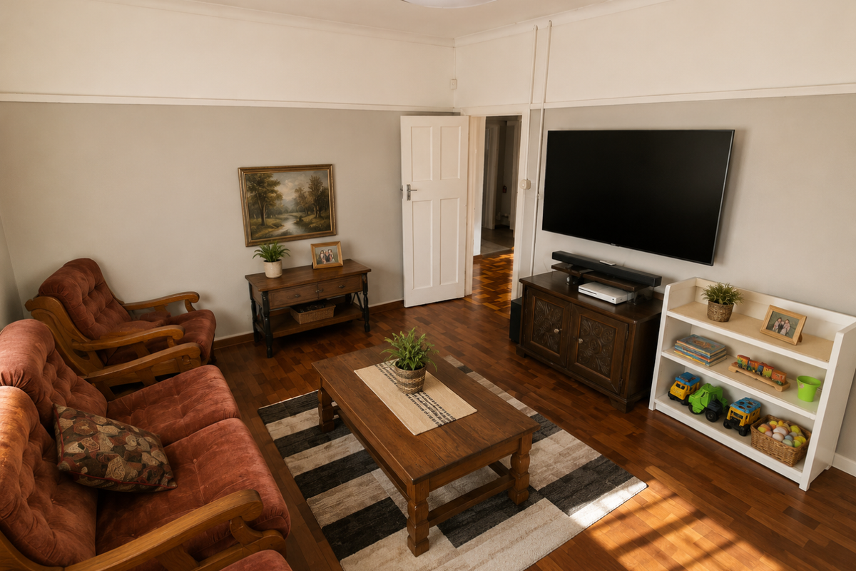 A comfortable living room featuring polished hardwood flooring, a classic picture rail, and neutral wall tones, providing a warm and inviting atmosphere.