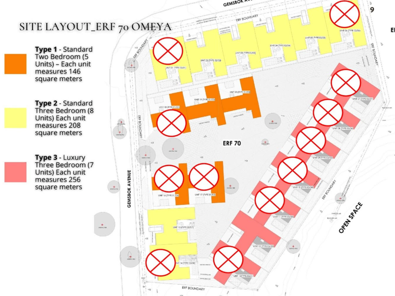 Site layout plan for Erf 70 Omeya, detailing the positioning and unit types of the townhouse development.