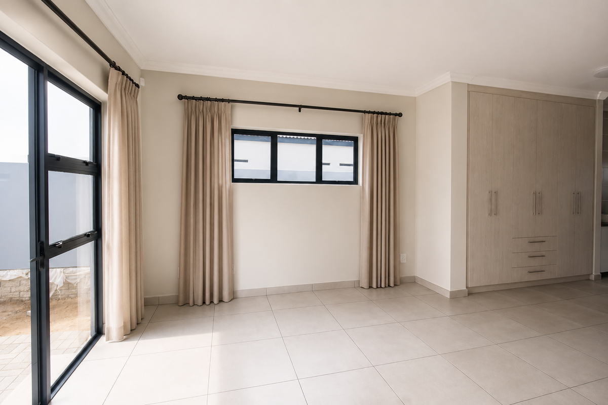A bright, modern bedroom featuring neutral tiled flooring, built-in floor-to-ceiling cabinetry, and large glass sliding doors leading to an outdoor area.