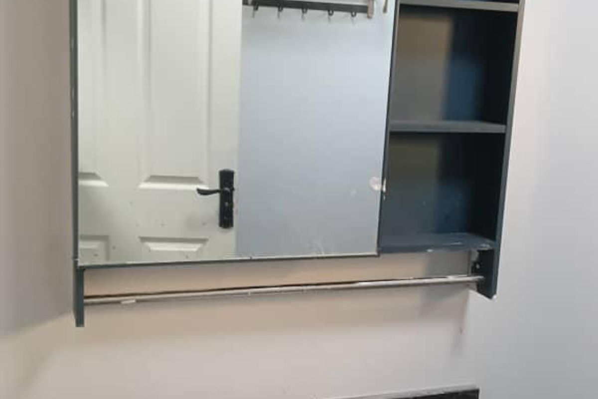 A bathroom vanity area featuring a dark stone countertop, undermount sink, and a matching wall-mounted medicine cabinet with integrated shelving and mirror.