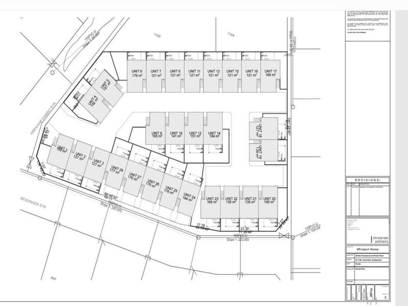 Architectural site plan showing the layout and unit sizes for a townhouse development.