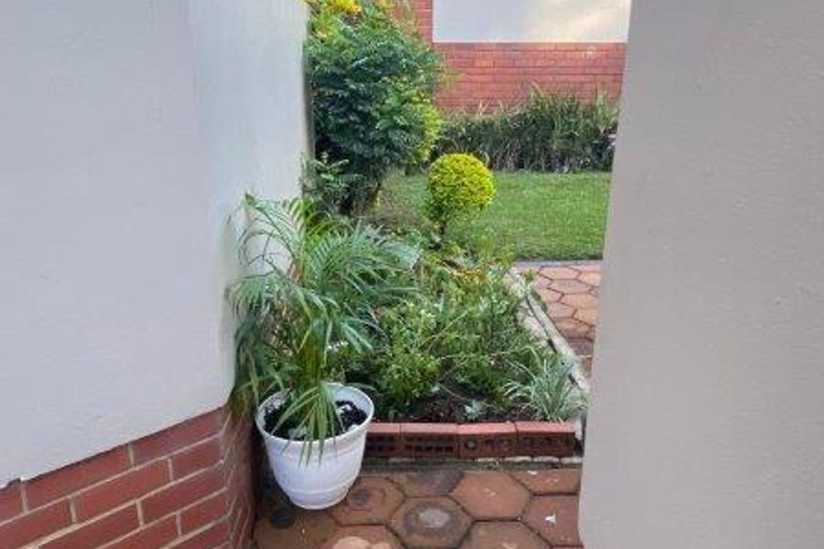 A view of a rear exterior area featuring a brick-walled courtyard, paved walkway, and established garden beds with mounted air conditioning units.