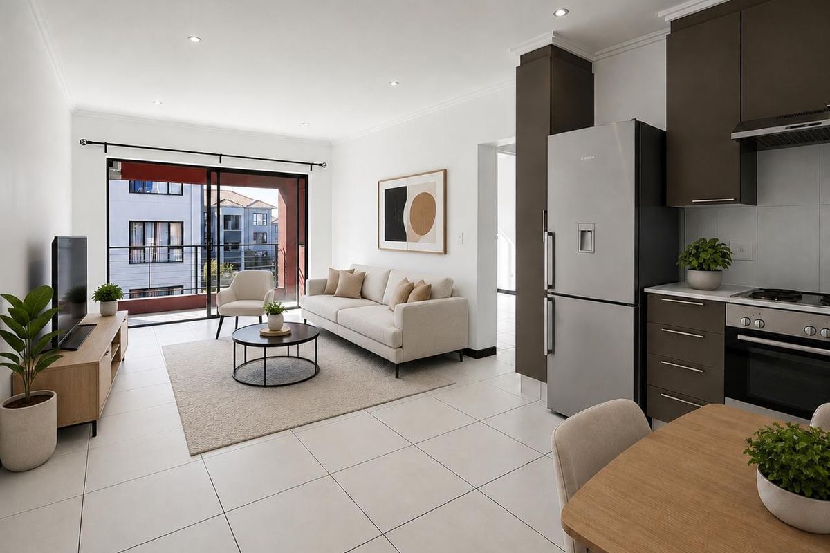 Modern open-plan living area featuring a contemporary kitchen with built-in cabinetry, integrated appliances, and seamless access to a private balcony.