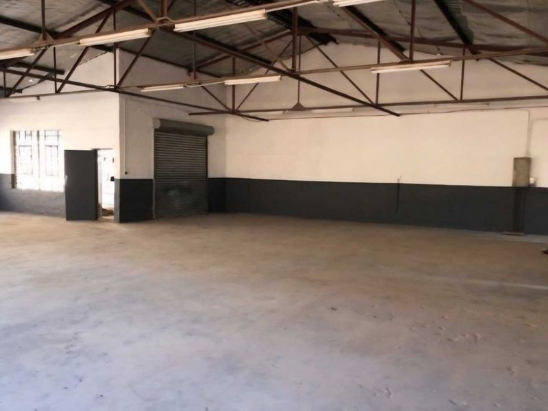 Spacious industrial warehouse unit featuring high exposed steel roof trusses, concrete flooring, and a functional roller shutter door for easy access.