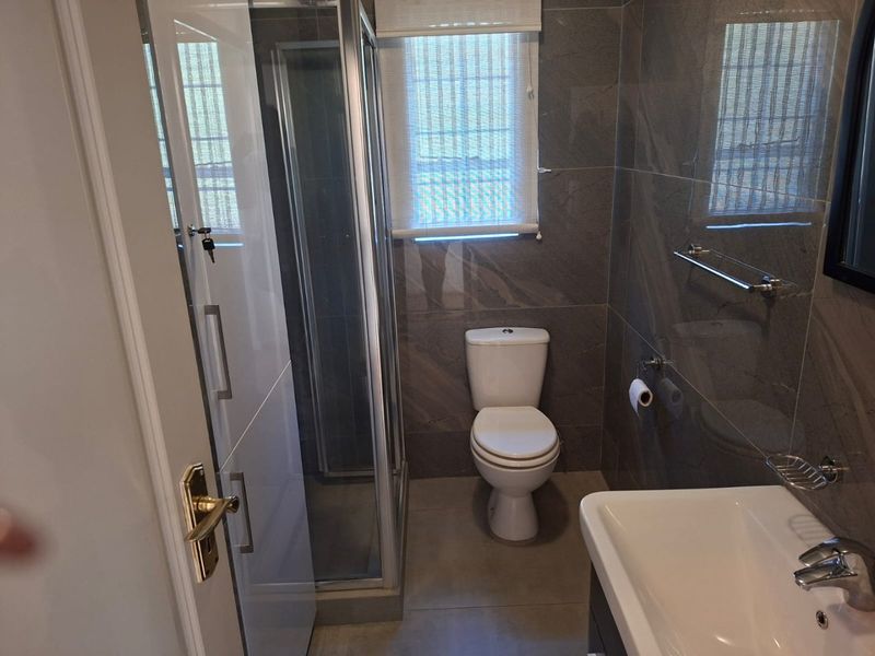 A modern bathroom featuring dark grey wall tiles, a glass shower enclosure, a white toilet, and a vanity basin with a chrome mixer tap.