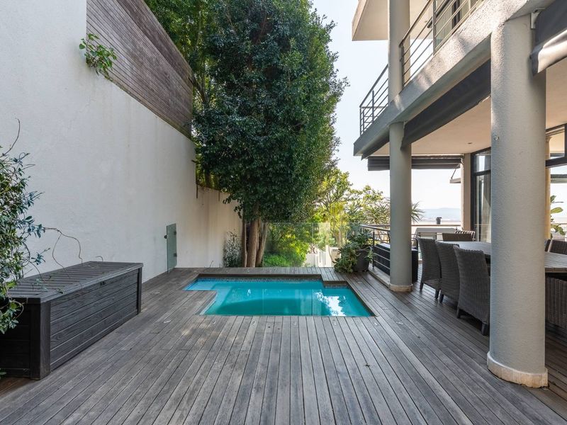 Outdoor pool area featuring a plunge pool set into timber decking, adjacent to a covered patio with structural concrete columns and glass balustrades.