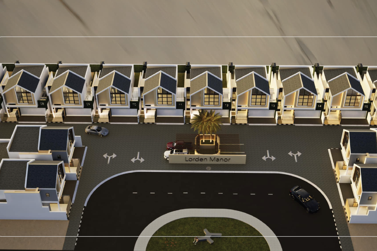 An aerial 3D render of the Lorden Manor townhouse development, showcasing the layout of the residential units, paved driveways, and entrance area.