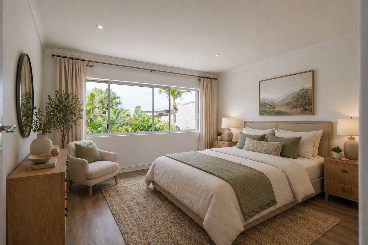 A bright and well-maintained bedroom featuring wood-look flooring, recessed ceiling lighting, and a large window offering a pleasant garden view.