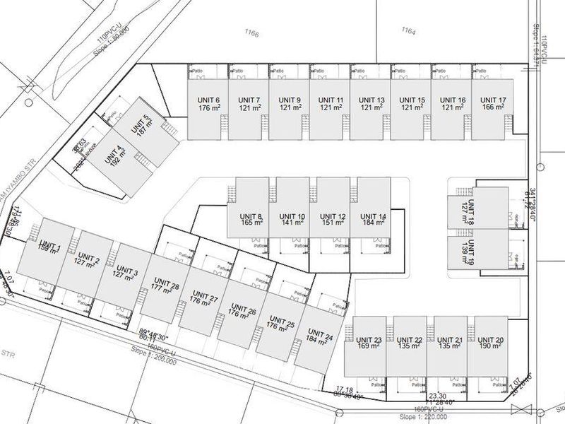 A site plan showing the layout and unit sizes for a townhouse development.
