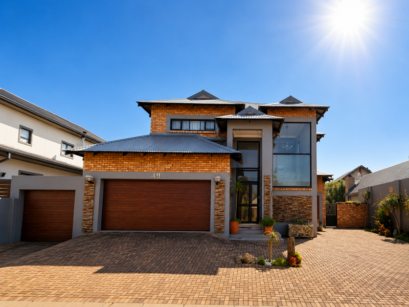 A modern two-story house featuring a brick and stone facade, a double garage, and a paved driveway under a clear blue sky.