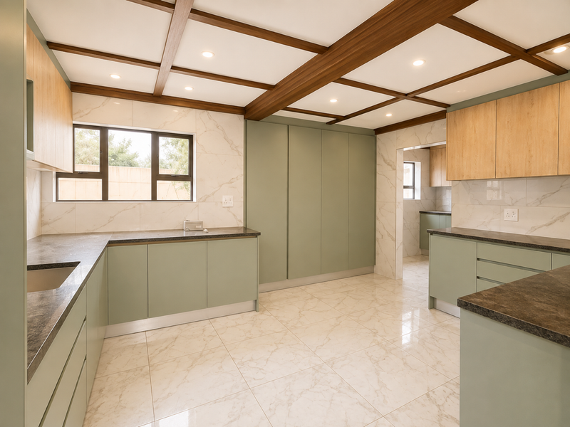 A modern, spacious kitchen featuring sage green and light wood cabinetry, marble-look tiling, stone countertops, and a distinctive coffered ceiling with recessed lighting.