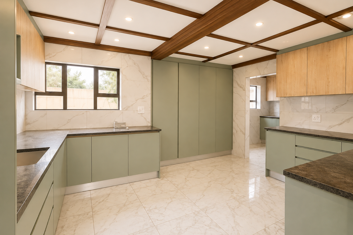 A modern, spacious kitchen featuring sage green and light wood cabinetry, marble-look tiling, stone countertops, and a distinctive coffered ceiling with recessed lighting.