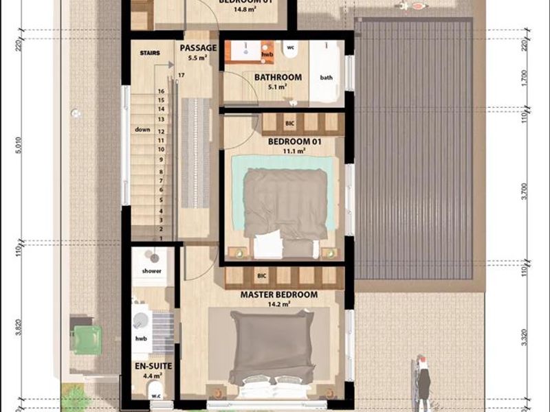 Architectural floor plan for the first floor of a three-bedroom townhouse, detailing room layouts, dimensions, and fixed bathroom and storage fixtures.