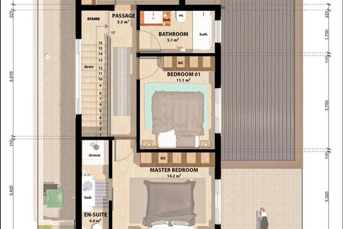 Architectural floor plan for the first floor of a three-bedroom townhouse, detailing room layouts, dimensions, and fixed bathroom and storage fixtures.