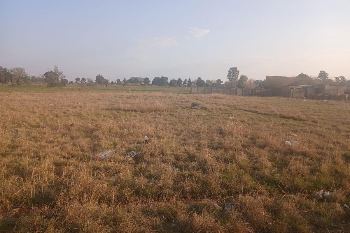 A wide, open residential plot of land featuring dry grass and a perimeter wall, offering a blank canvas for future development.