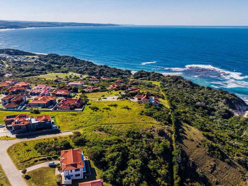An aerial view of a coastal residential estate featuring established homes, paved roads, and direct proximity to the ocean and natural vegetation.