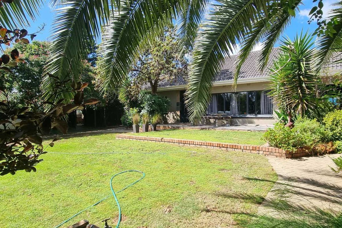 A view of the rear garden featuring a paved walkway, brick-edged lawn, and established palm trees leading to the rear facade of the house.