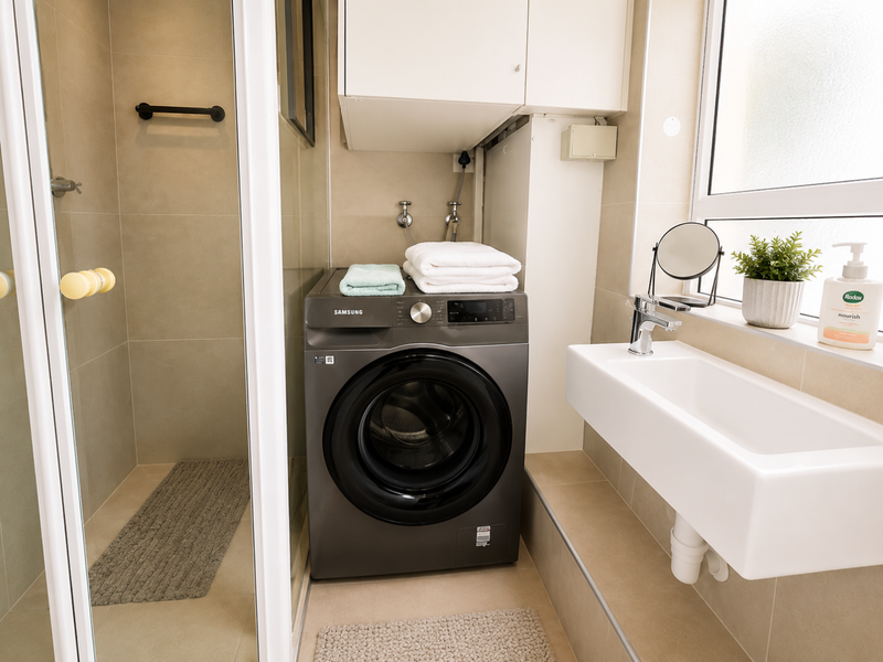 A compact laundry area featuring a modern wall-mounted basin, shower enclosure, and dedicated plumbing connections for a washing machine.