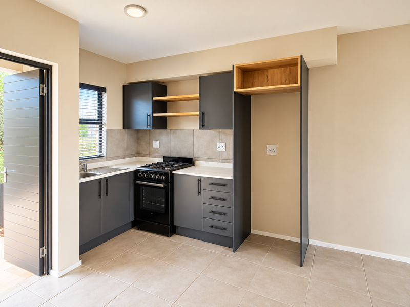 A modern, clean kitchen featuring dark grey cabinetry, quartz countertops, a gas stove with oven, and neutral tiled flooring with direct outdoor access.