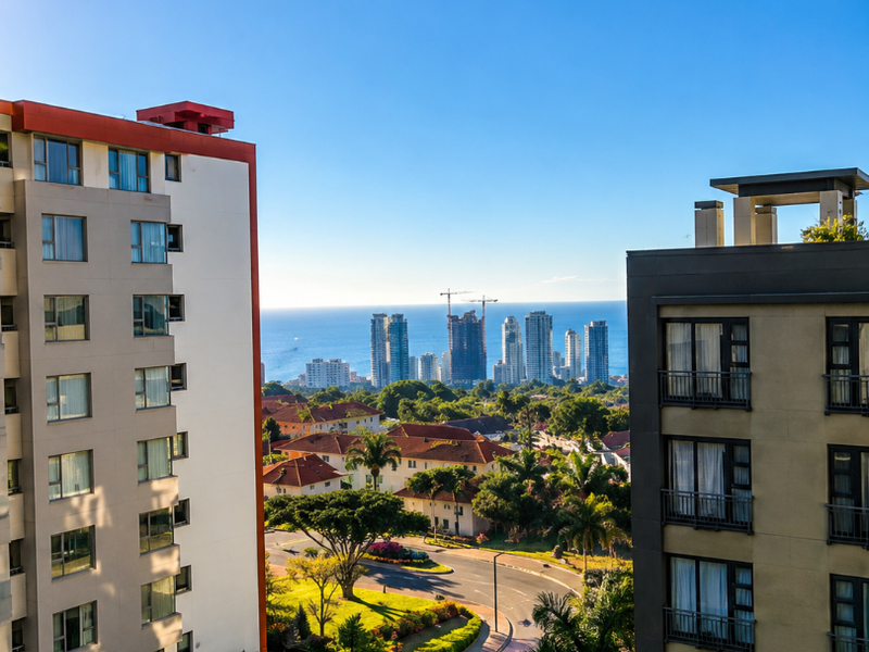Elevated view from a balcony overlooking a suburban street, lush greenery, and distant coastal city skyline.