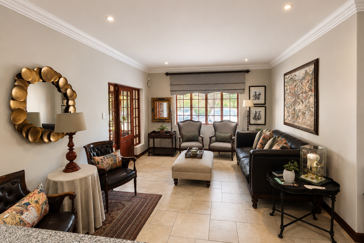 A well-maintained living room featuring neutral walls, crown molding, recessed lighting, and tiled flooring, with a timber-framed glass door and window blinds.