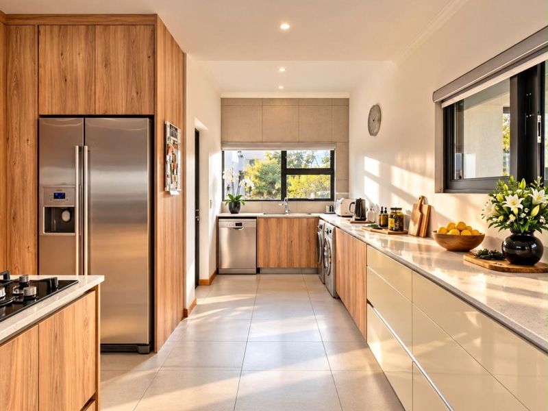 Modern kitchen featuring wood-grain cabinetry, stone countertops, integrated appliances, and tiled flooring, bathed in natural light with a clean, contemporary aesthetic.
