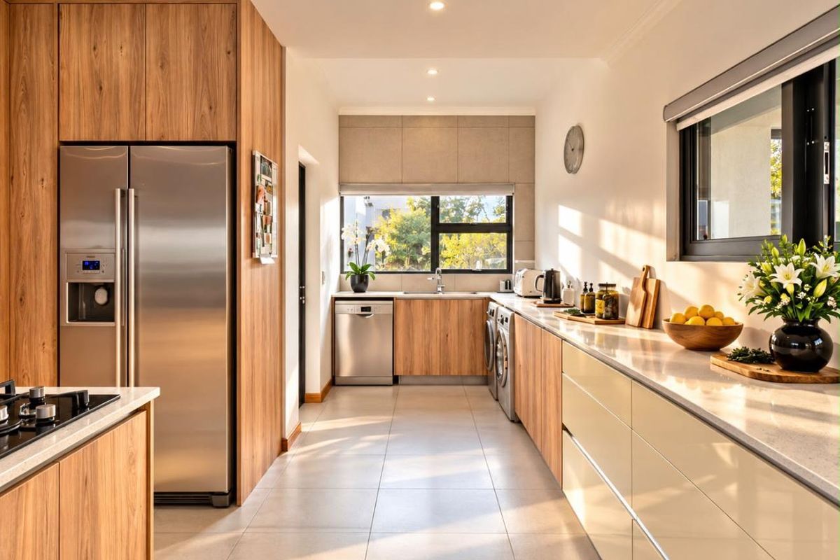Modern kitchen featuring wood-grain cabinetry, stone countertops, integrated appliances, and tiled flooring, bathed in natural light with a clean, contemporary aesthetic.