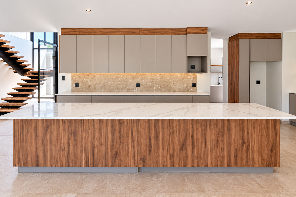 Modern kitchen featuring a large island with stone countertop, sleek cabinetry, floating shelves, and an adjacent floating staircase in a bright, open-plan space.