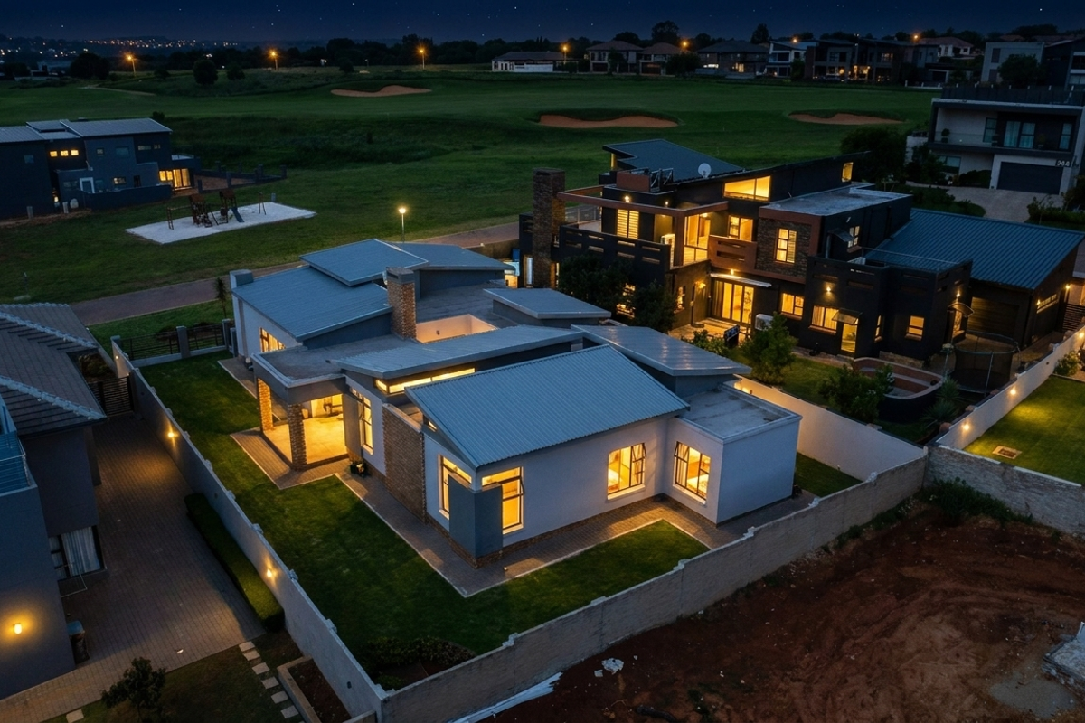 Aerial night view of a modern residential property featuring a metal roof, brick chimney, and well-maintained garden within a secure estate.