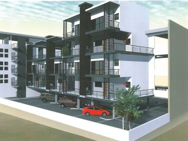 A 3D architectural rendering of a multi-story office building featuring covered ground-level parking and private balconies on upper levels.