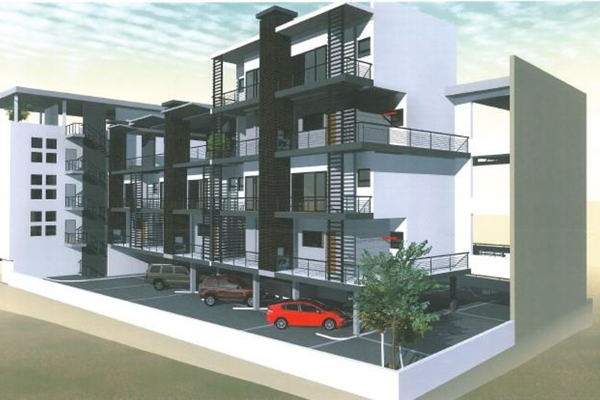 A 3D architectural rendering of a multi-story office building featuring covered ground-level parking and private balconies on upper levels.