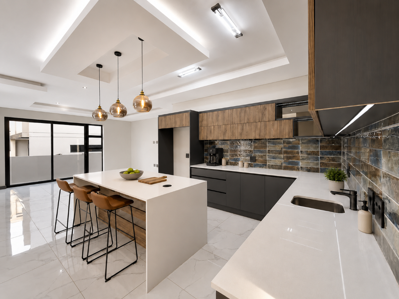 Modern kitchen featuring a large island with quartz countertops, sleek dark cabinetry, wood-grain accents, and a stylish tiled backsplash with integrated lighting.