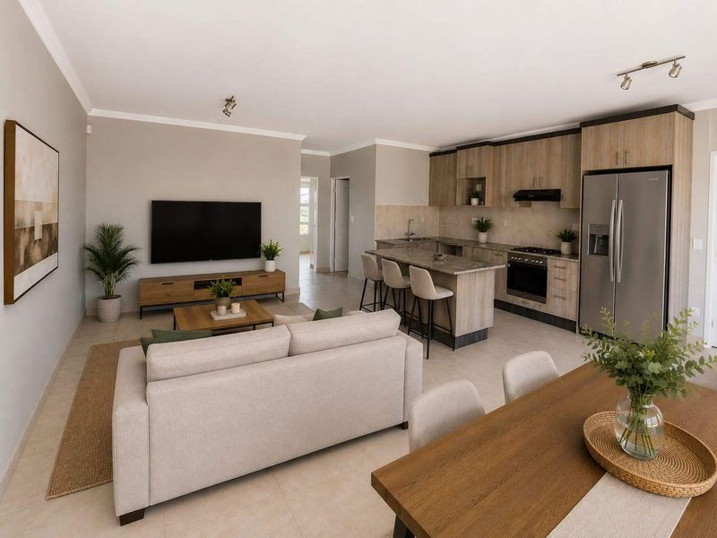 Modern open-plan living area featuring a well-appointed kitchen with an island, built-in appliances, and neutral tiled flooring throughout the combined space.