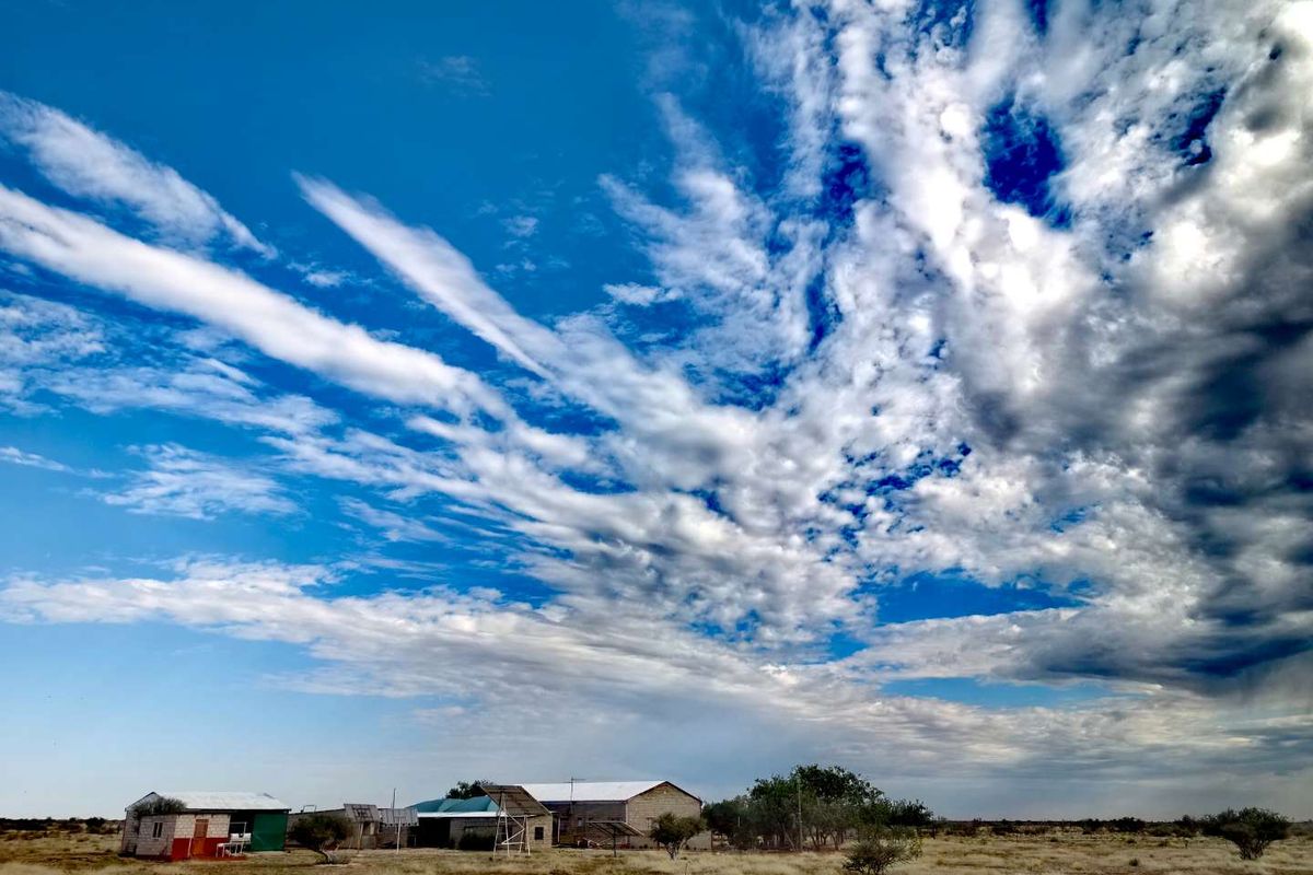 A wide-angle view of the farm property featuring multiple outbuildings with corrugated metal roofing set against a vast open landscape.