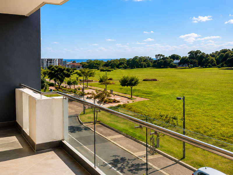 A modern balcony featuring a glass balustrade with a stainless steel handrail, offering expansive views over the surrounding parkland and street.