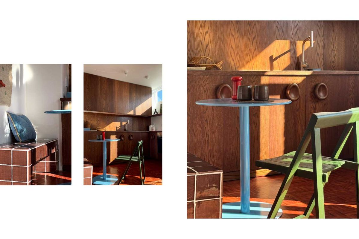 A kitchen area featuring warm wooden cabinetry, a tiled bench, and parquet flooring, captured in a collage format.