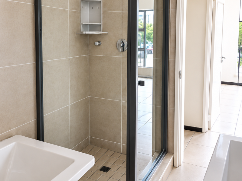 A modern bathroom featuring a glass-enclosed shower with dark framing, neutral wall and floor tiles, and a clean, minimalist aesthetic.