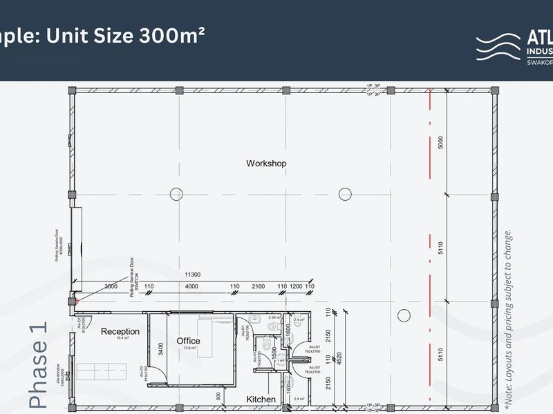 Architectural floor plan for a 300m² industrial unit featuring a workshop, reception, office, and kitchen area.