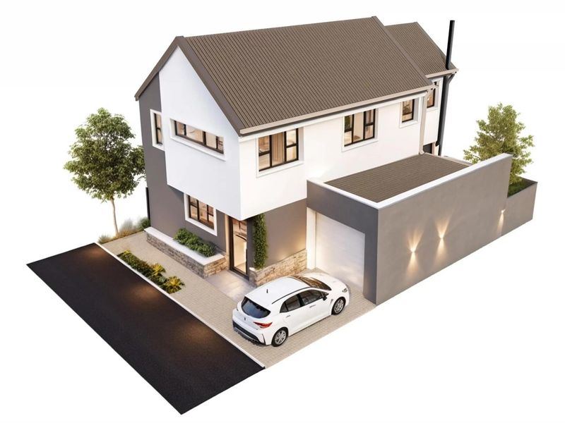 A high-quality 3D architectural render showing the exterior facade of a modern townhouse with a pitched roof, integrated garage, and paved driveway.