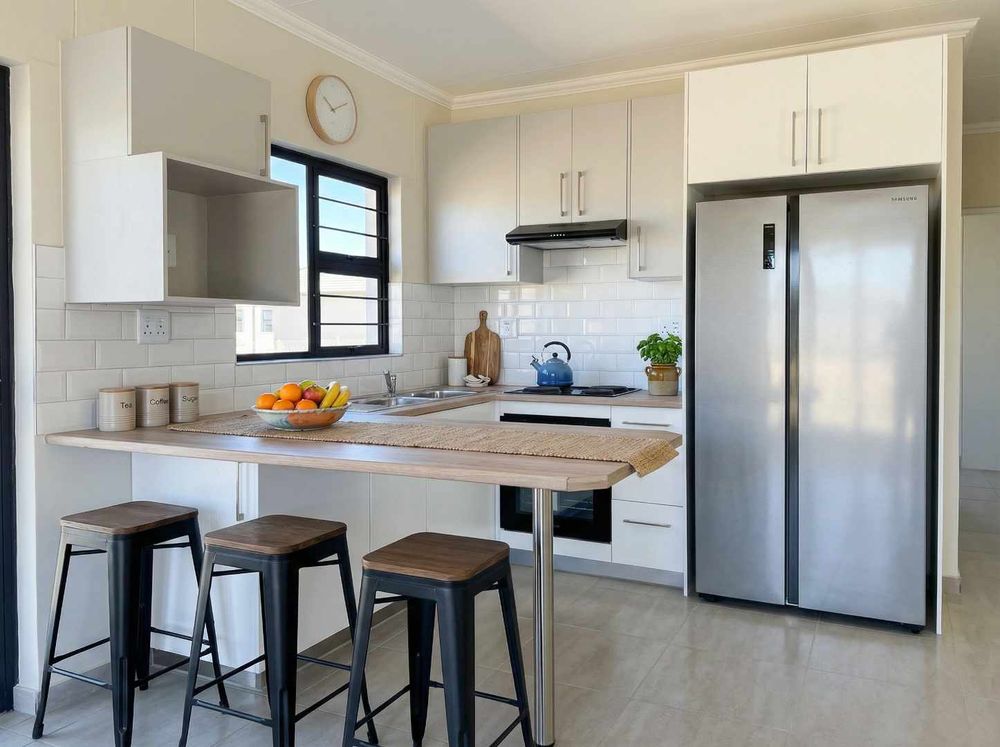 Kitchen with built-in cupboards and built-in stove.