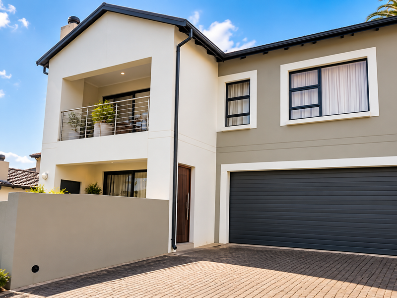 Modern double-storey cluster home featuring a paved driveway, double garage, and an upper-level balcony with contemporary finishes.