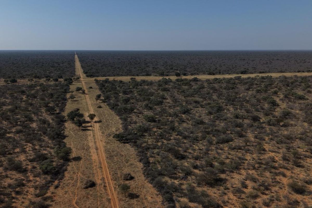 An aerial view of the expansive farm landscape featuring intersecting dirt roads and surrounding natural bushveld vegetation.