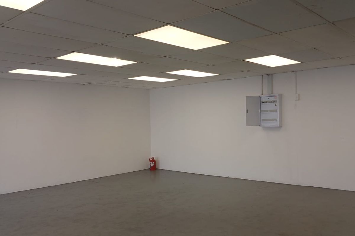 An empty, functional utility or commercial space featuring a suspended ceiling, recessed lighting, and an exposed electrical distribution board.