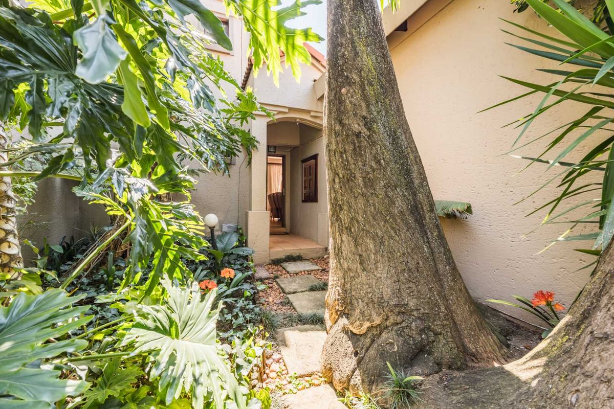 A private garden pathway leading to the rear entrance of the home, featuring mature landscaping and stone paving.
