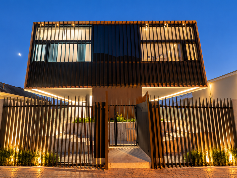 A striking modern architectural facade featuring vertical slat detailing, integrated LED lighting, and a secure gated entrance with concrete steps.
