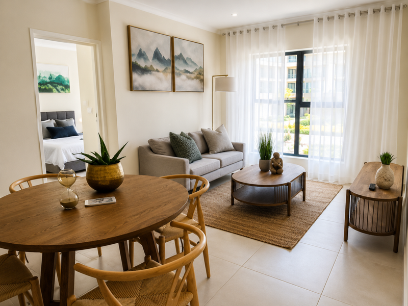 Bright open-plan living and dining area featuring neutral tiled flooring, recessed lighting, and large windows with sheer curtains, offering a clean and modern aesthetic.
